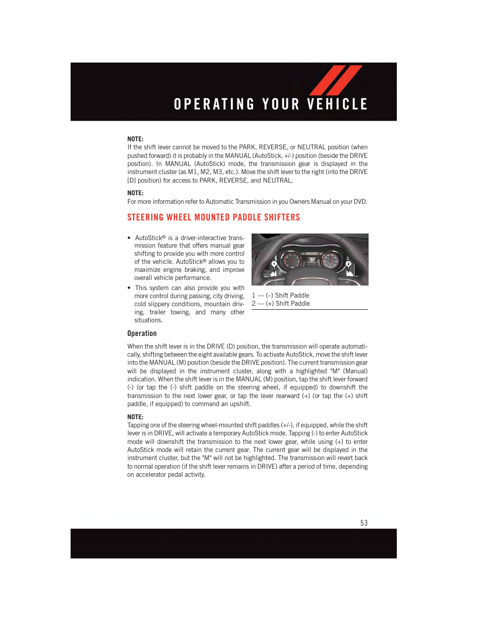 Steering wheel mounted paddle shifters, Operation, Steering wheel mounted paddle | Shifters | Dodge 2015 Charger-SRT - User Guide User Manual | Page 55 / 244