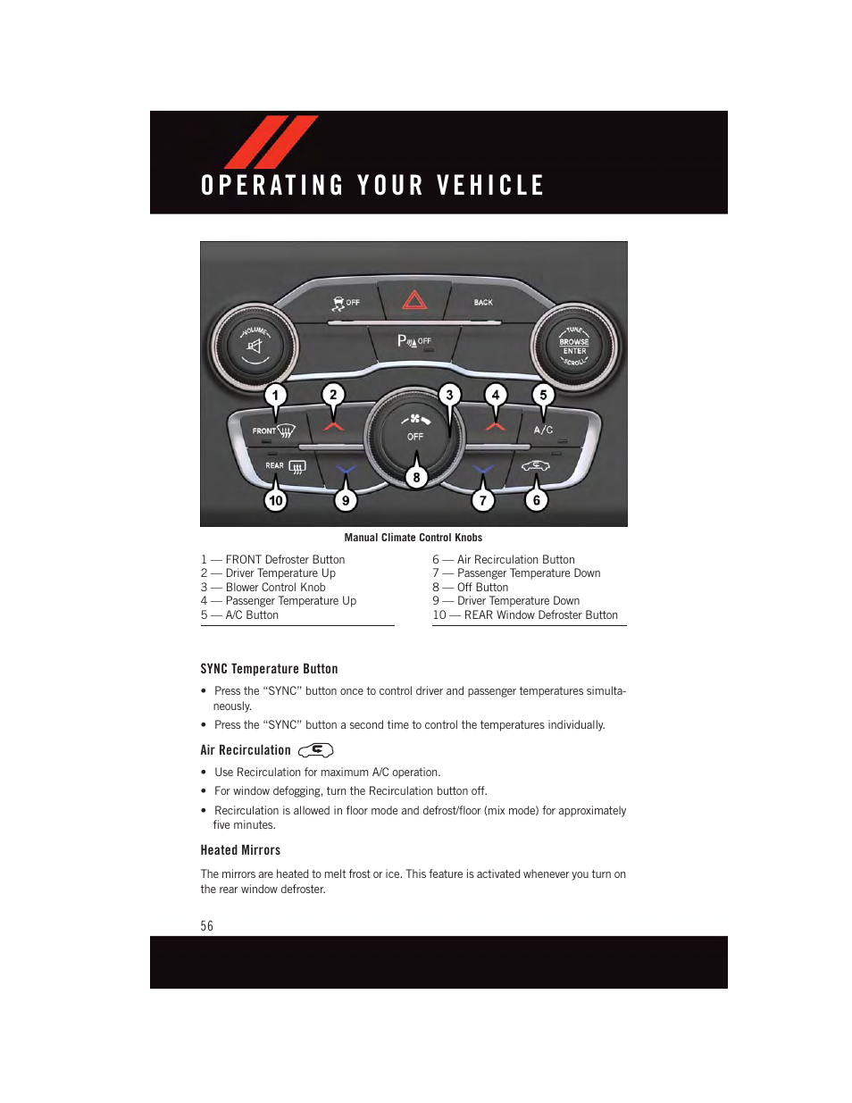 Sync temperature button, Air recirculation, Heated mirrors | Dodge 2015 Charger-SRT - User Guide User Manual | Page 58 / 244