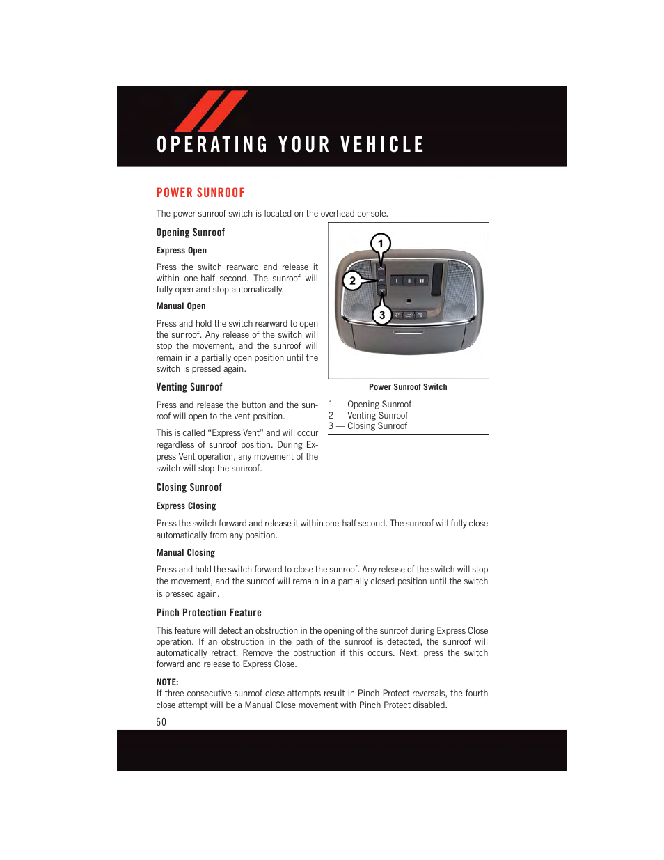 Power sunroof, Opening sunroof, Venting sunroof | Closing sunroof, Pinch protection feature | Dodge 2015 Charger-SRT - User Guide User Manual | Page 62 / 244