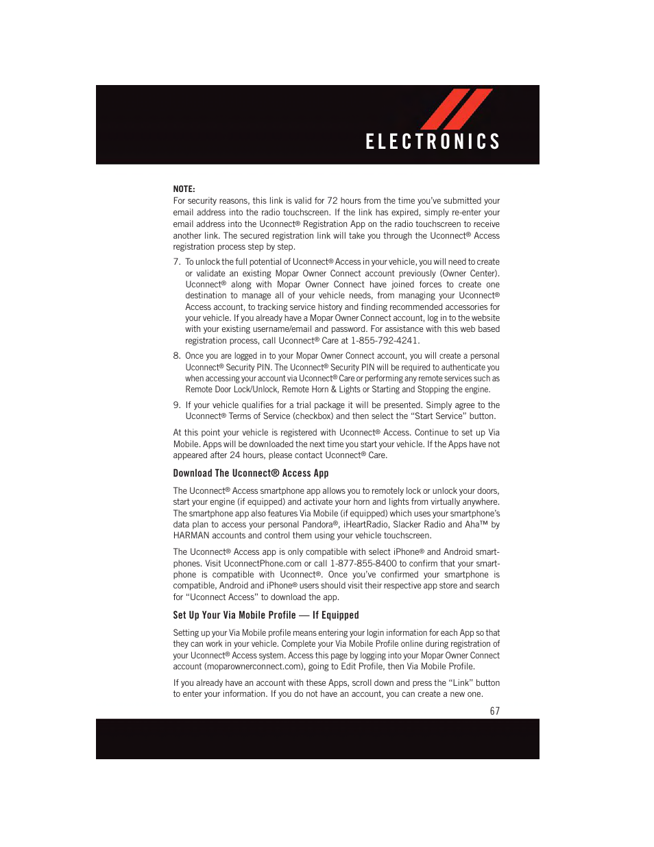 Download the uconnect® access app, Set up your via mobile profile — if equipped | Dodge 2015 Charger-SRT - User Guide User Manual | Page 69 / 244