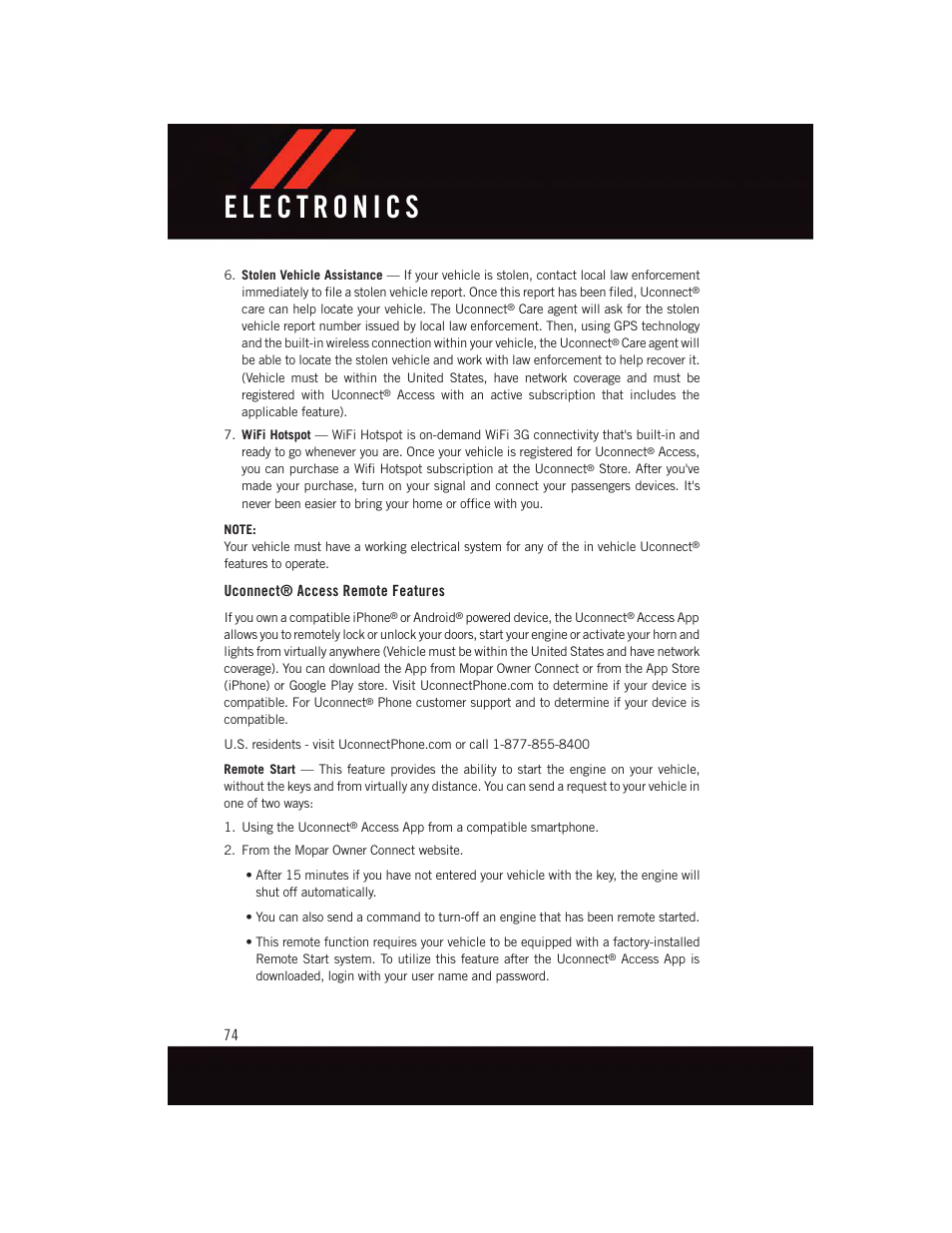 Uconnect® access remote features | Dodge 2015 Charger-SRT - User Guide User Manual | Page 76 / 244