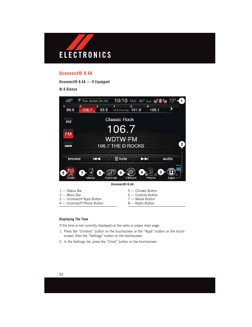 Uconnect® 8.4a, Uconnect® 8.4a — if equipped, At a glance | Uconnect | Dodge 2015 Charger-SRT - User Guide User Manual | Page 94 / 244