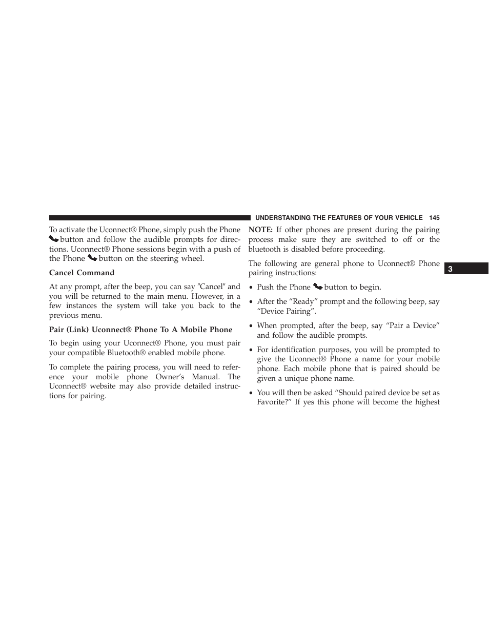 Cancel command, Pair (link) uconnect® phone to a mobile phone | Dodge 2015 Dart - Owner Manual User Manual | Page 147 / 675