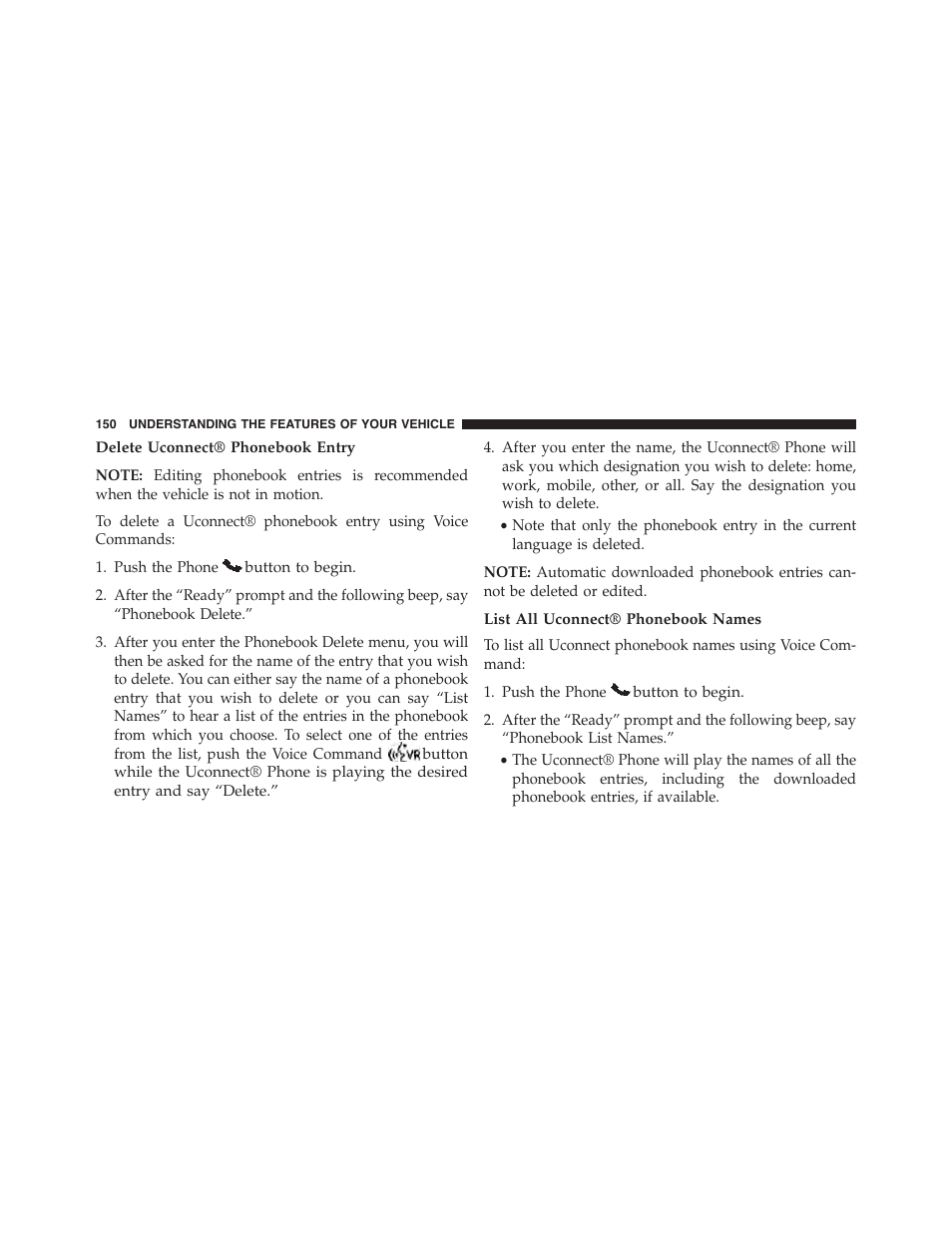 Delete uconnect® phonebook entry, List all uconnect® phonebook names | Dodge 2015 Dart - Owner Manual User Manual | Page 152 / 675