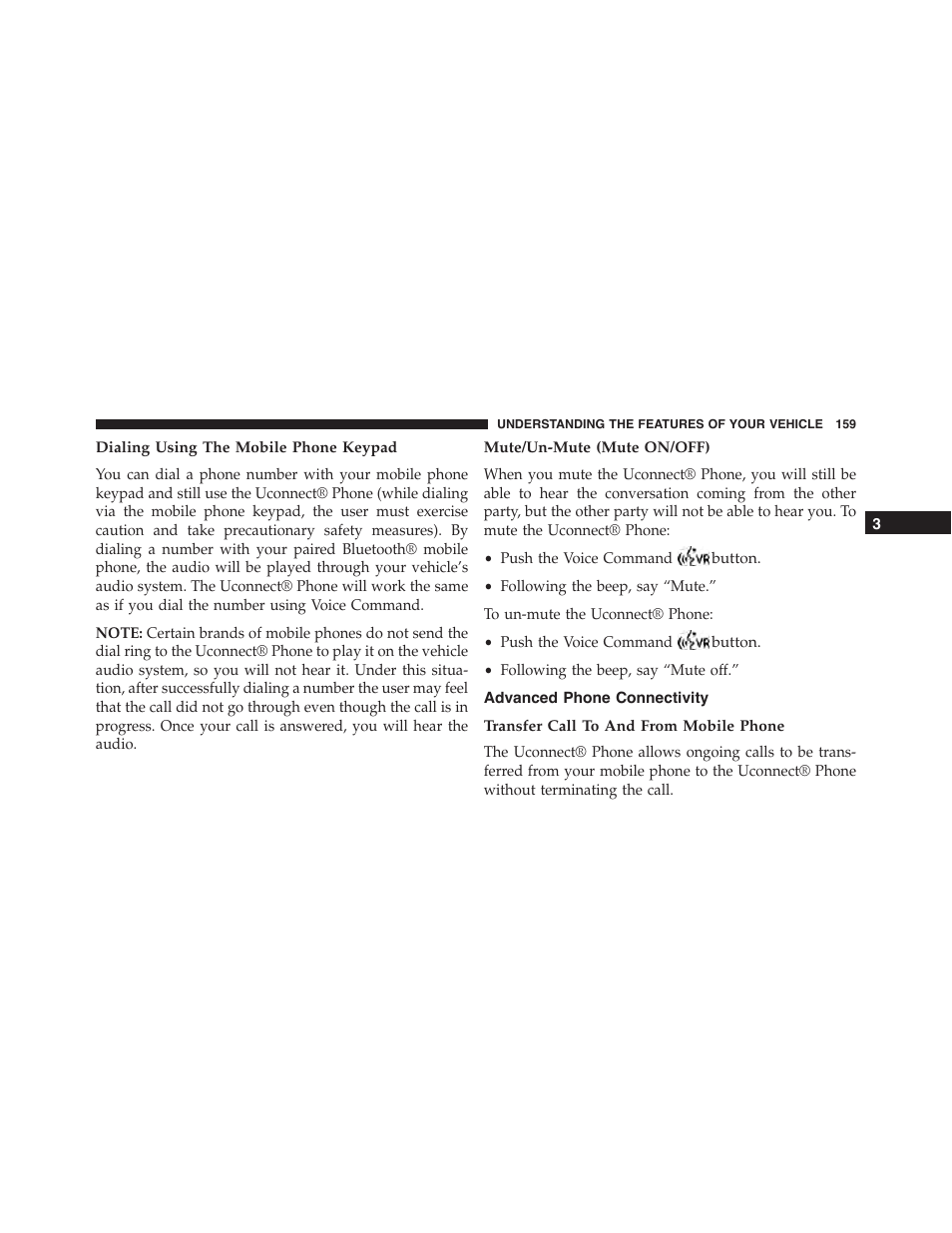 Dialing using the mobile phone keypad, Mute/un-mute (mute on/off), Advanced phone connectivity | Transfer call to and from mobile phone | Dodge 2015 Dart - Owner Manual User Manual | Page 161 / 675