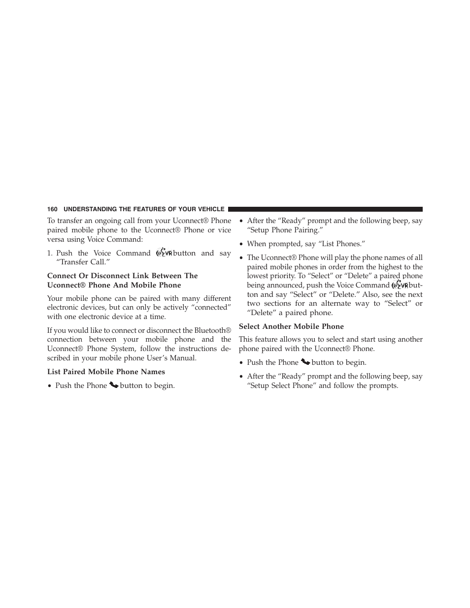 List paired mobile phone names, Select another mobile phone | Dodge 2015 Dart - Owner Manual User Manual | Page 162 / 675