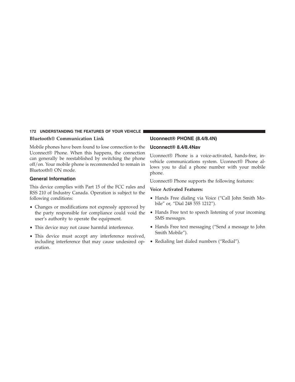 Bluetooth® communication link, General information, Uconnect® phone (8.4/8.4n) | Uconnect® 8.4/8.4nav | Dodge 2015 Dart - Owner Manual User Manual | Page 174 / 675