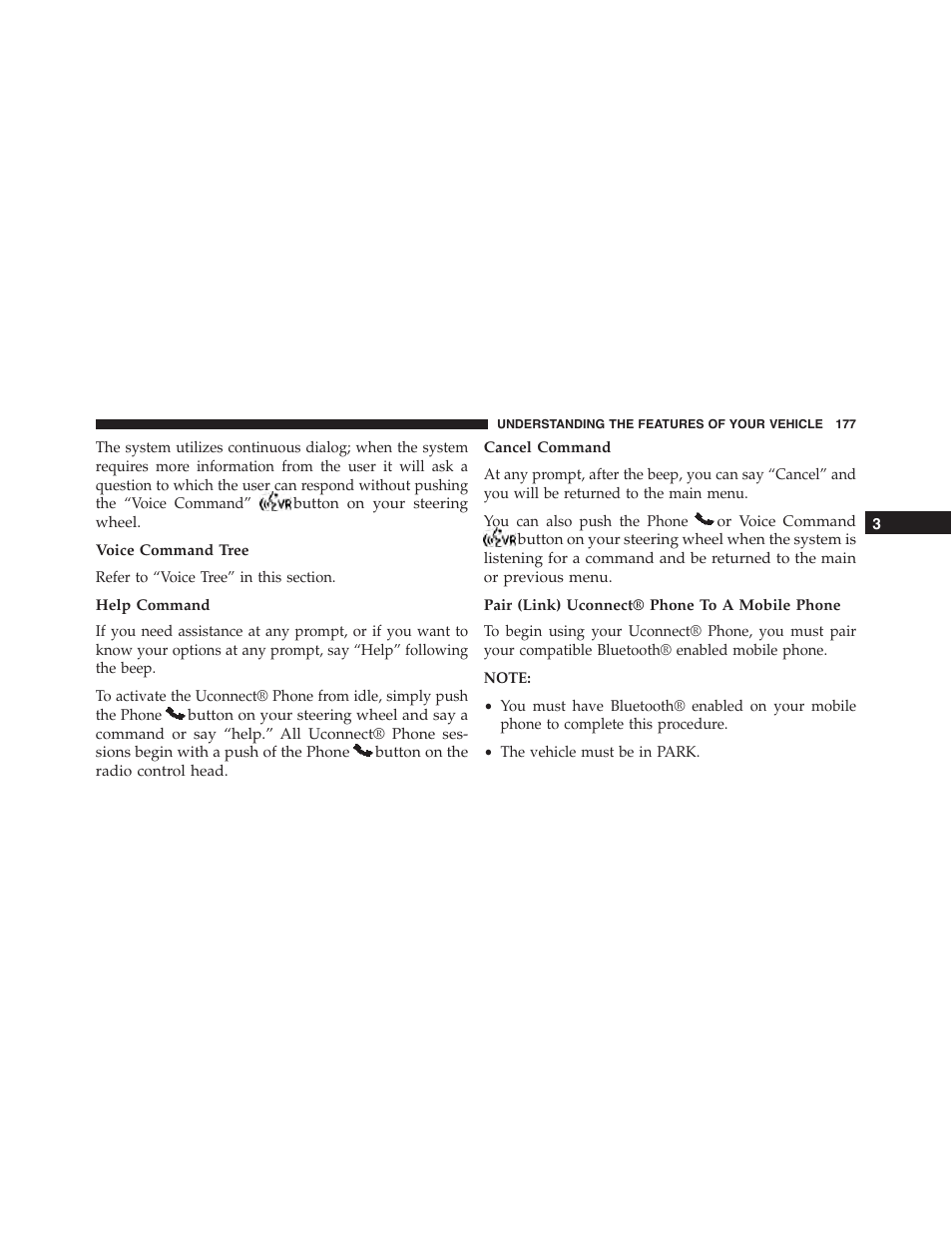 Voice command tree, Help command, Cancel command | Pair (link) uconnect® phone to a mobile phone | Dodge 2015 Dart - Owner Manual User Manual | Page 179 / 675