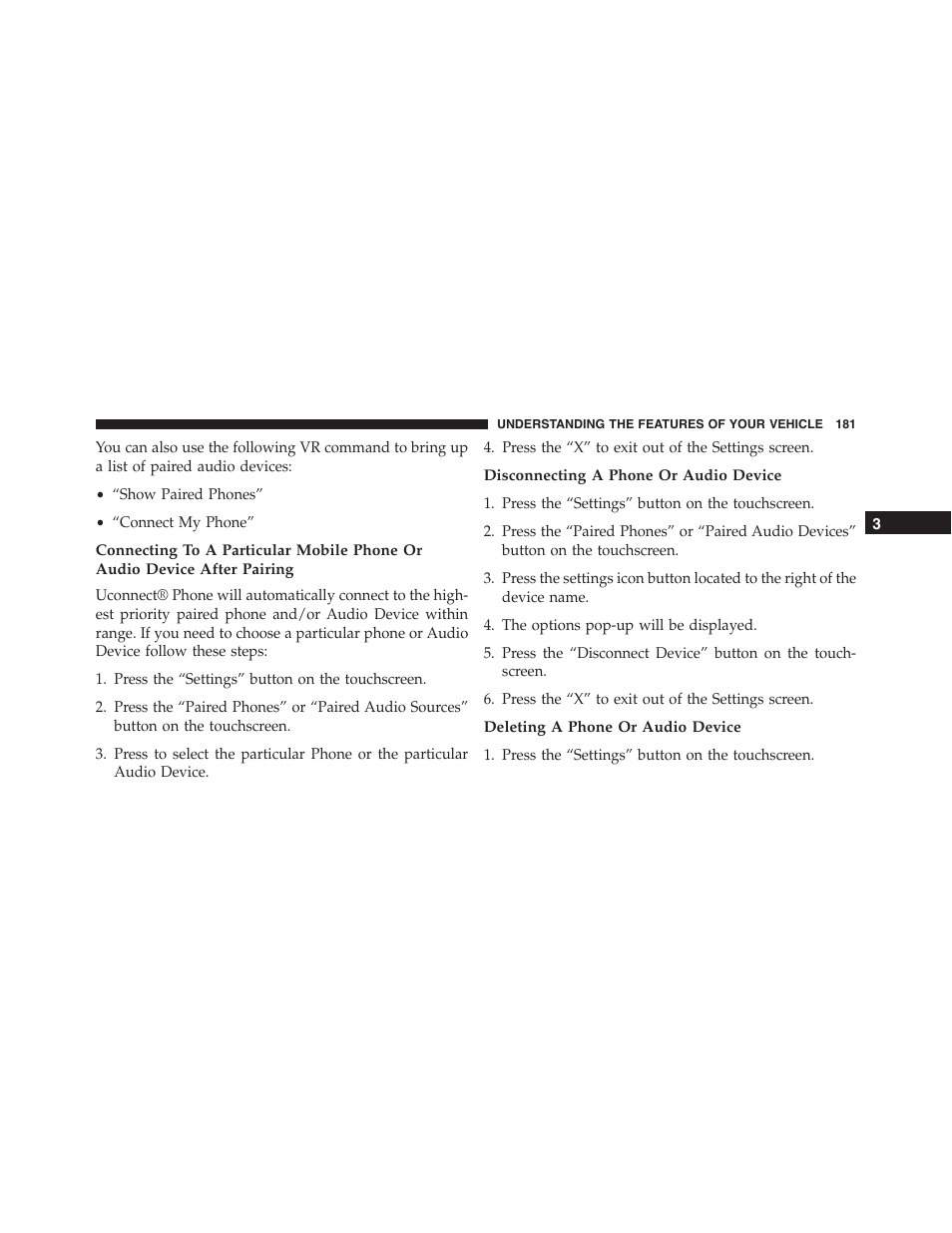 Disconnecting a phone or audio device, Deleting a phone or audio device | Dodge 2015 Dart - Owner Manual User Manual | Page 183 / 675