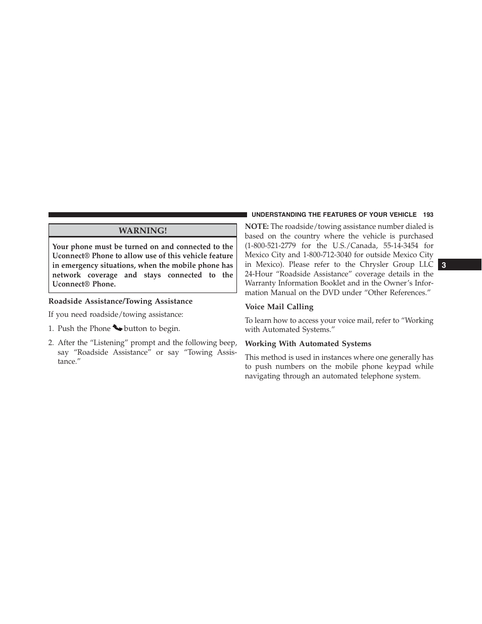 Roadside assistance/towing assistance, Voice mail calling, Working with automated systems | Dodge 2015 Dart - Owner Manual User Manual | Page 195 / 675