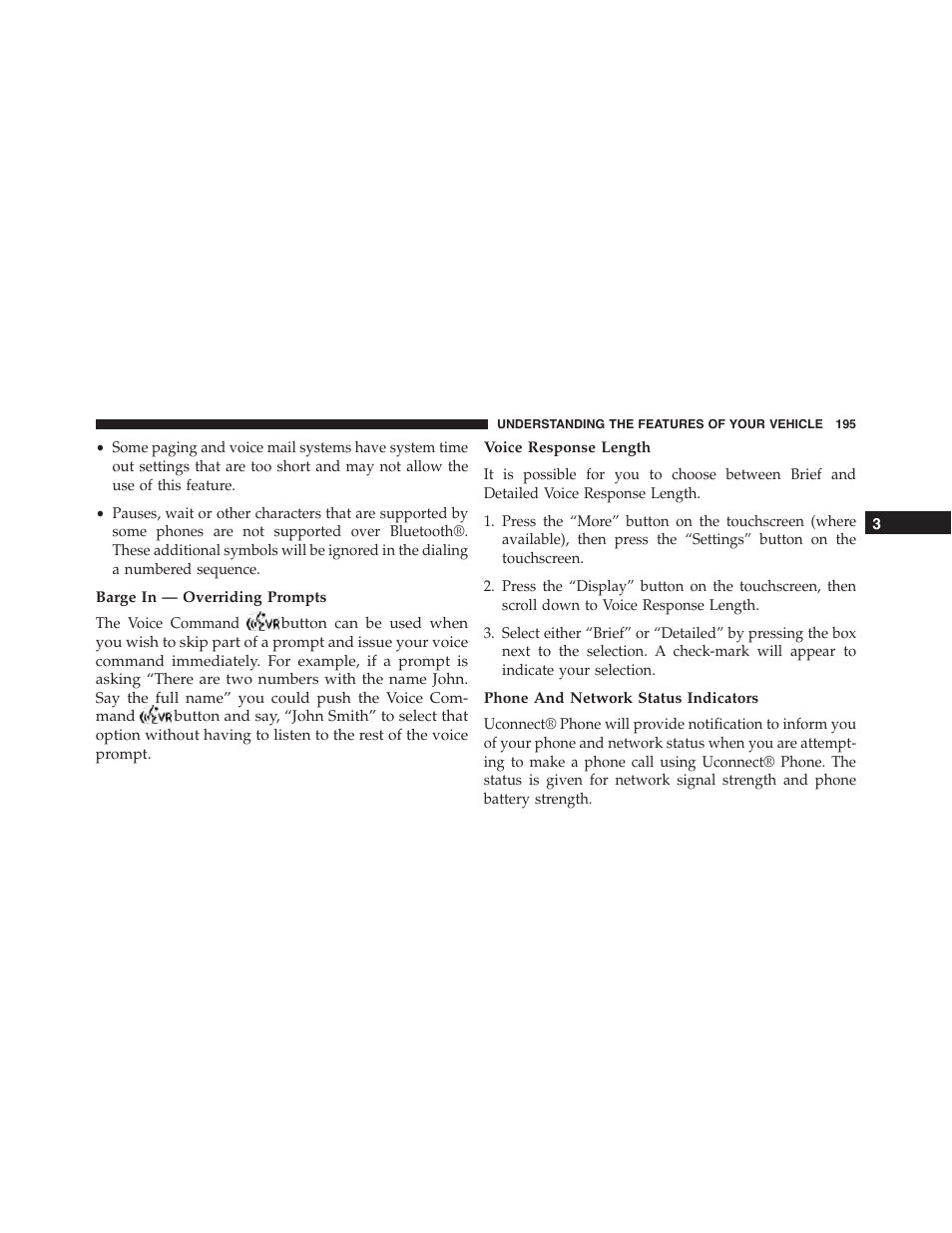 Barge in — overriding prompts, Voice response length, Phone and network status indicators | Dodge 2015 Dart - Owner Manual User Manual | Page 197 / 675