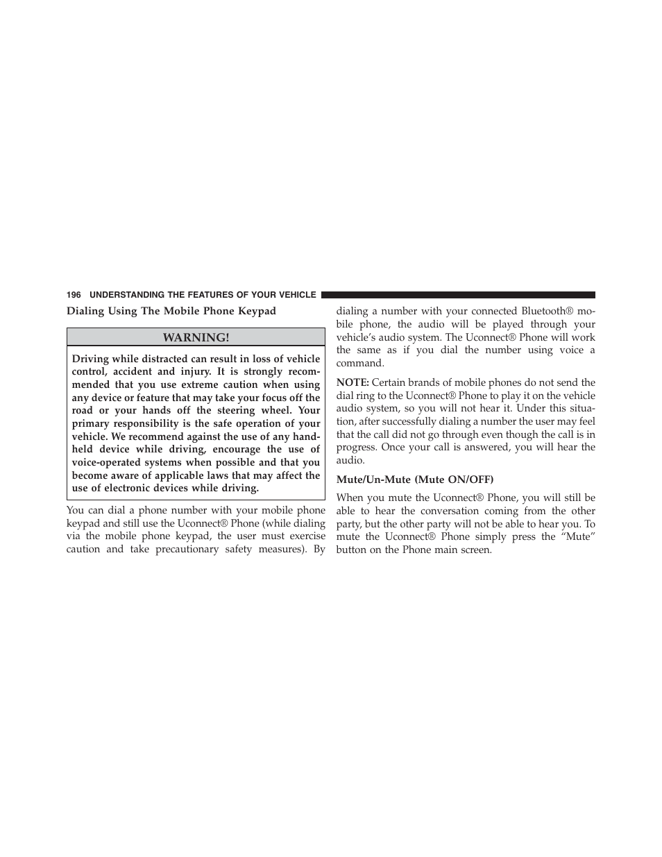 Dialing using the mobile phone keypad, Mute/un-mute (mute on/off) | Dodge 2015 Dart - Owner Manual User Manual | Page 198 / 675