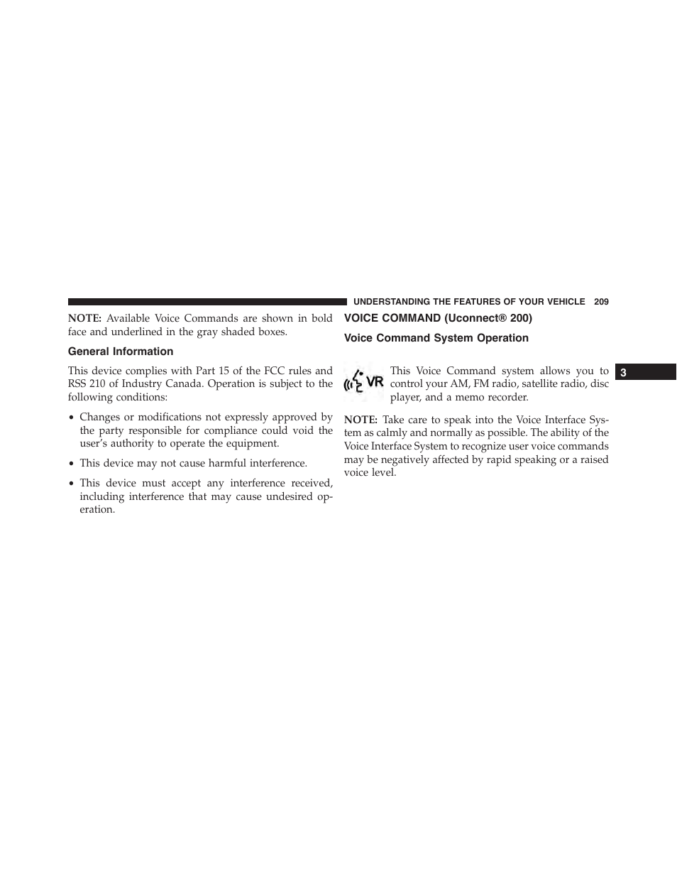 General information, Voice command (uconnect® 200), Voice command system operation | Dodge 2015 Dart - Owner Manual User Manual | Page 211 / 675