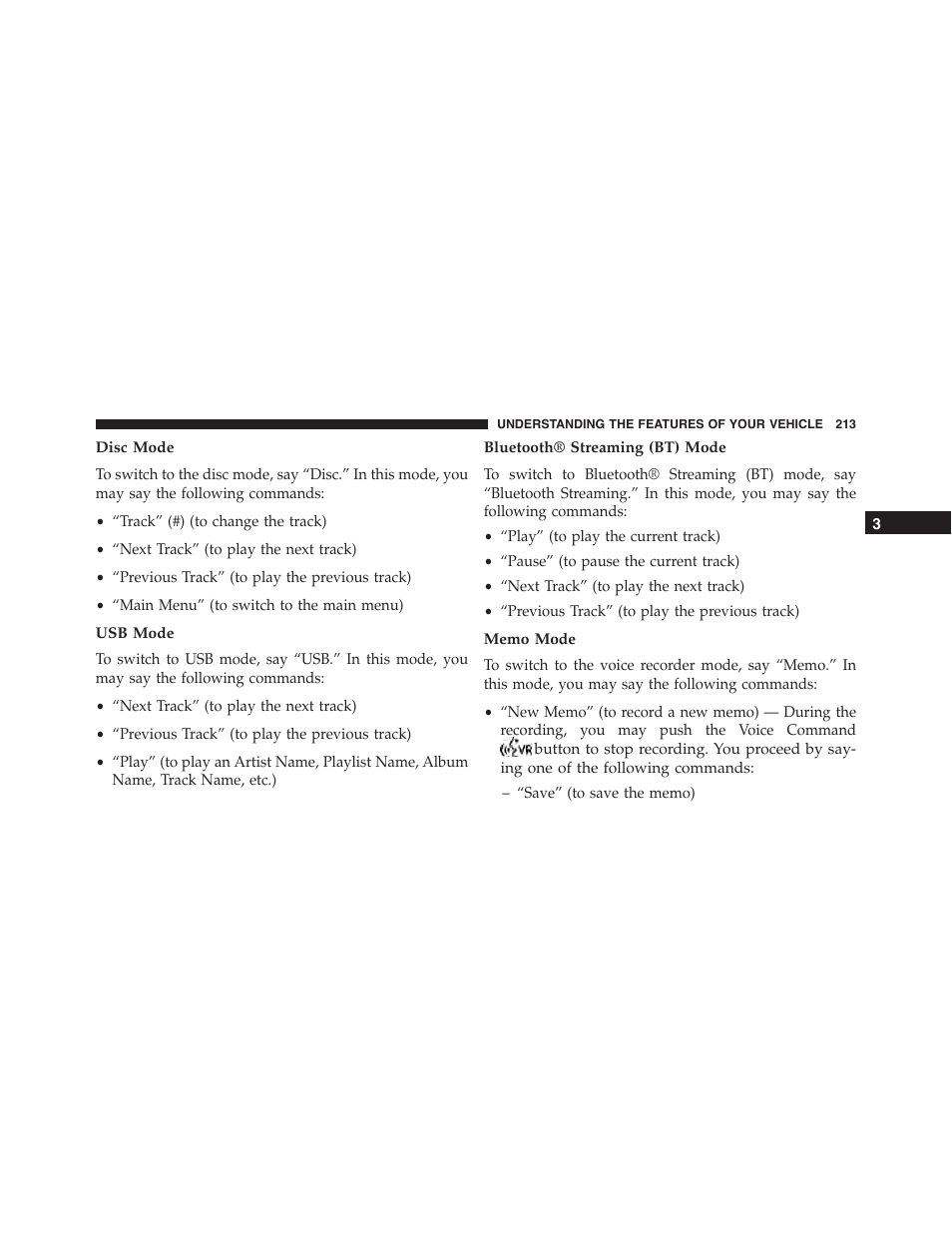 Disc mode, Usb mode, Bluetooth® streaming (bt) mode | Memo mode | Dodge 2015 Dart - Owner Manual User Manual | Page 215 / 675