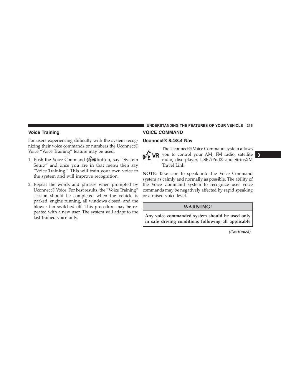 Voice training, Voice command, Uconnect® 8.4/8.4 nav | Dodge 2015 Dart - Owner Manual User Manual | Page 217 / 675