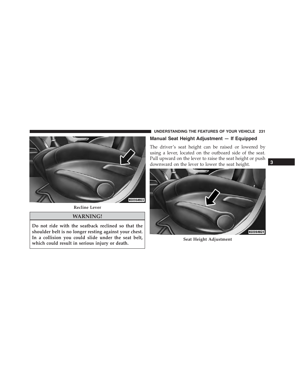 Manual seat height adjustment — if equipped, Manual seat height adjustment — if, Equipped | Dodge 2015 Dart - Owner Manual User Manual | Page 233 / 675