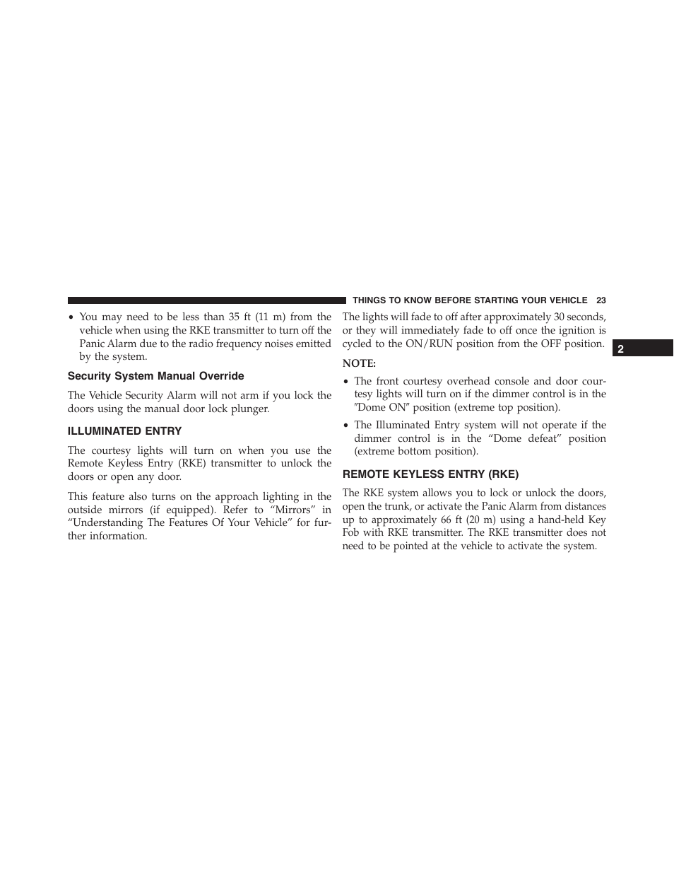 Security system manual override, Illuminated entry, Remote keyless entry (rke) | Dodge 2015 Dart - Owner Manual User Manual | Page 25 / 675