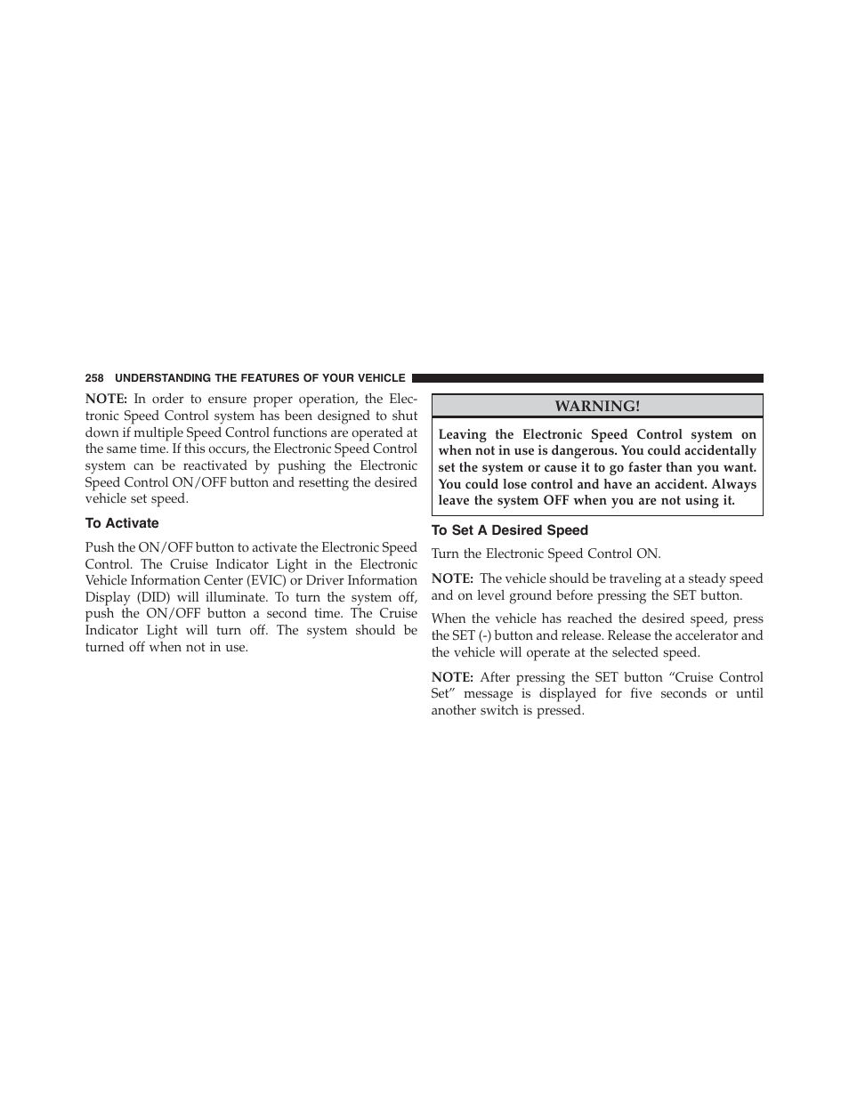 To activate, To set a desired speed | Dodge 2015 Dart - Owner Manual User Manual | Page 260 / 675