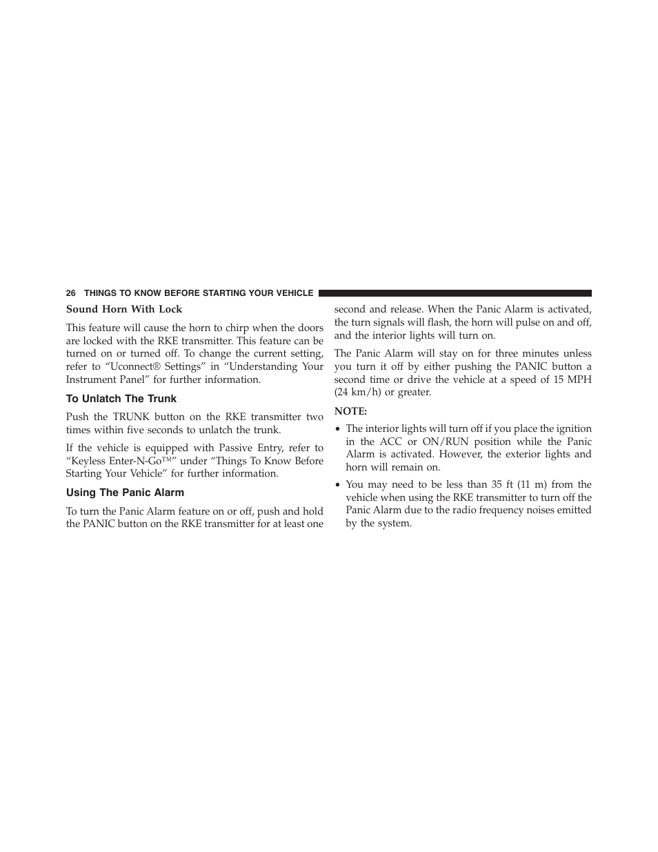 Sound horn with lock, To unlatch the trunk, Using the panic alarm | Dodge 2015 Dart - Owner Manual User Manual | Page 28 / 675