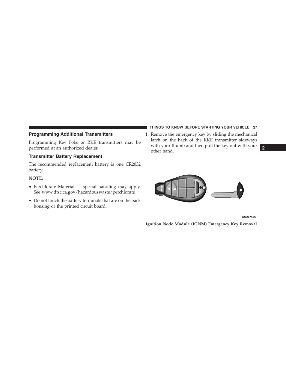 Programming additional transmitters, Transmitter battery replacement | Dodge 2015 Dart - Owner Manual User Manual | Page 29 / 675