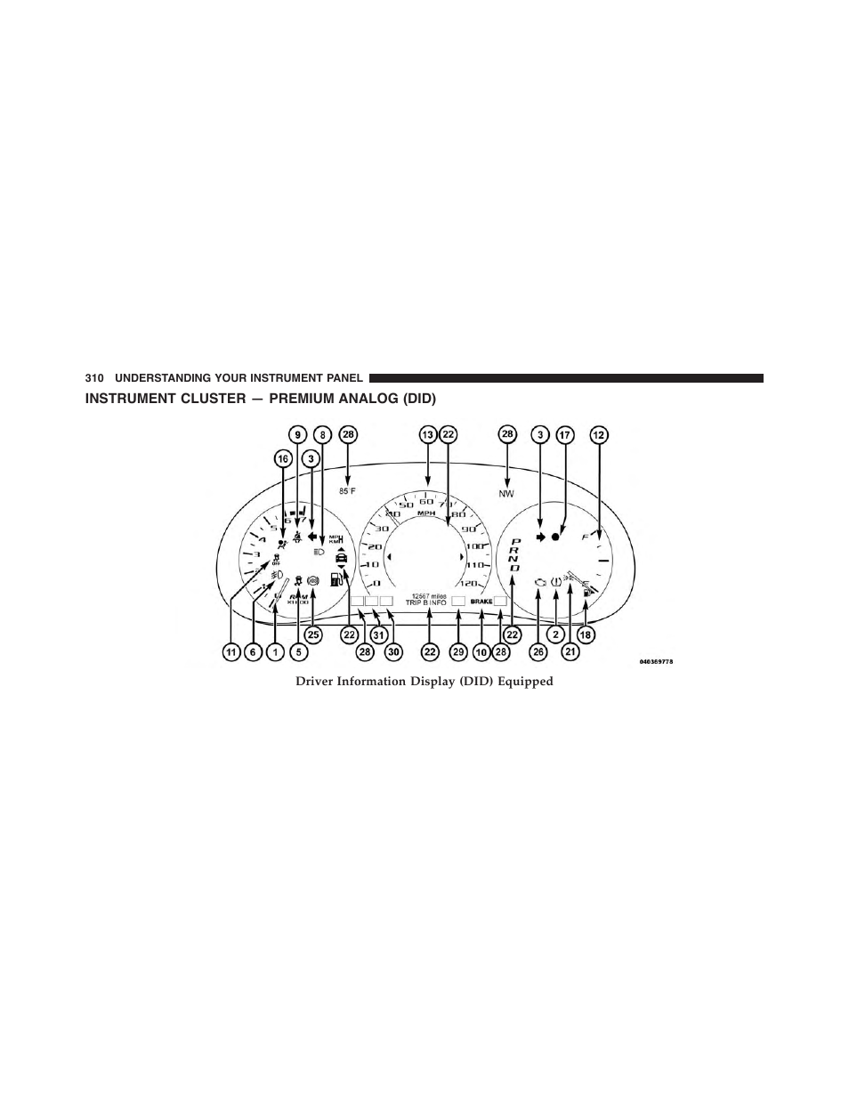 Instrument cluster — premium analog (did), Instrument cluster — premium analog, Did) | Dodge 2015 Dart - Owner Manual User Manual | Page 312 / 675