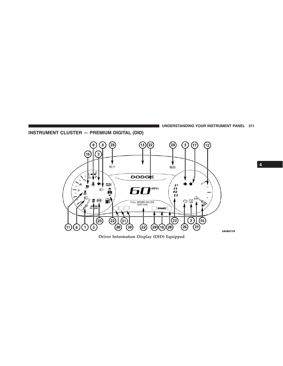 Instrument cluster — premium digital (did), Instrument cluster — premium digital, Did) | Dodge 2015 Dart - Owner Manual User Manual | Page 313 / 675