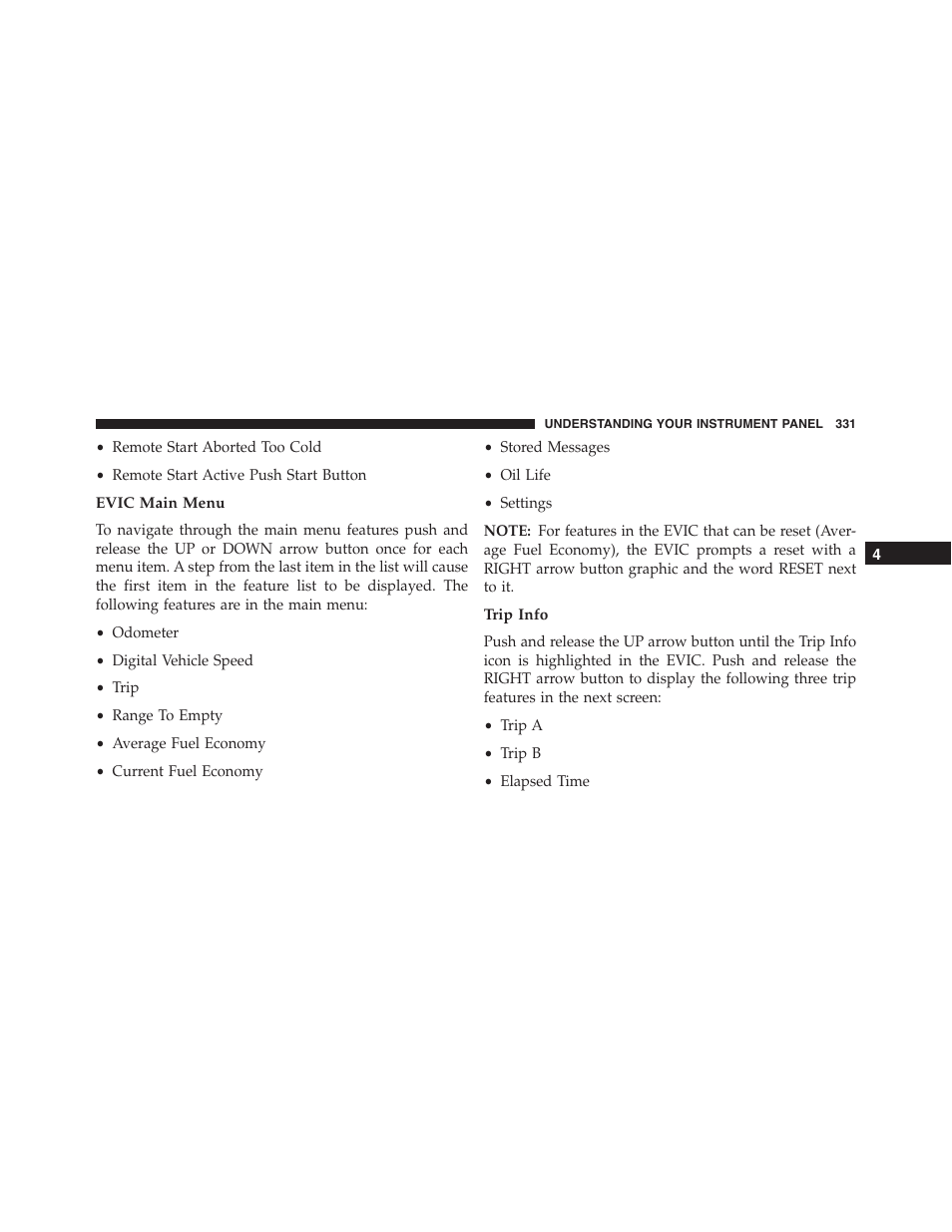 Evic main menu, Trip info | Dodge 2015 Dart - Owner Manual User Manual | Page 333 / 675