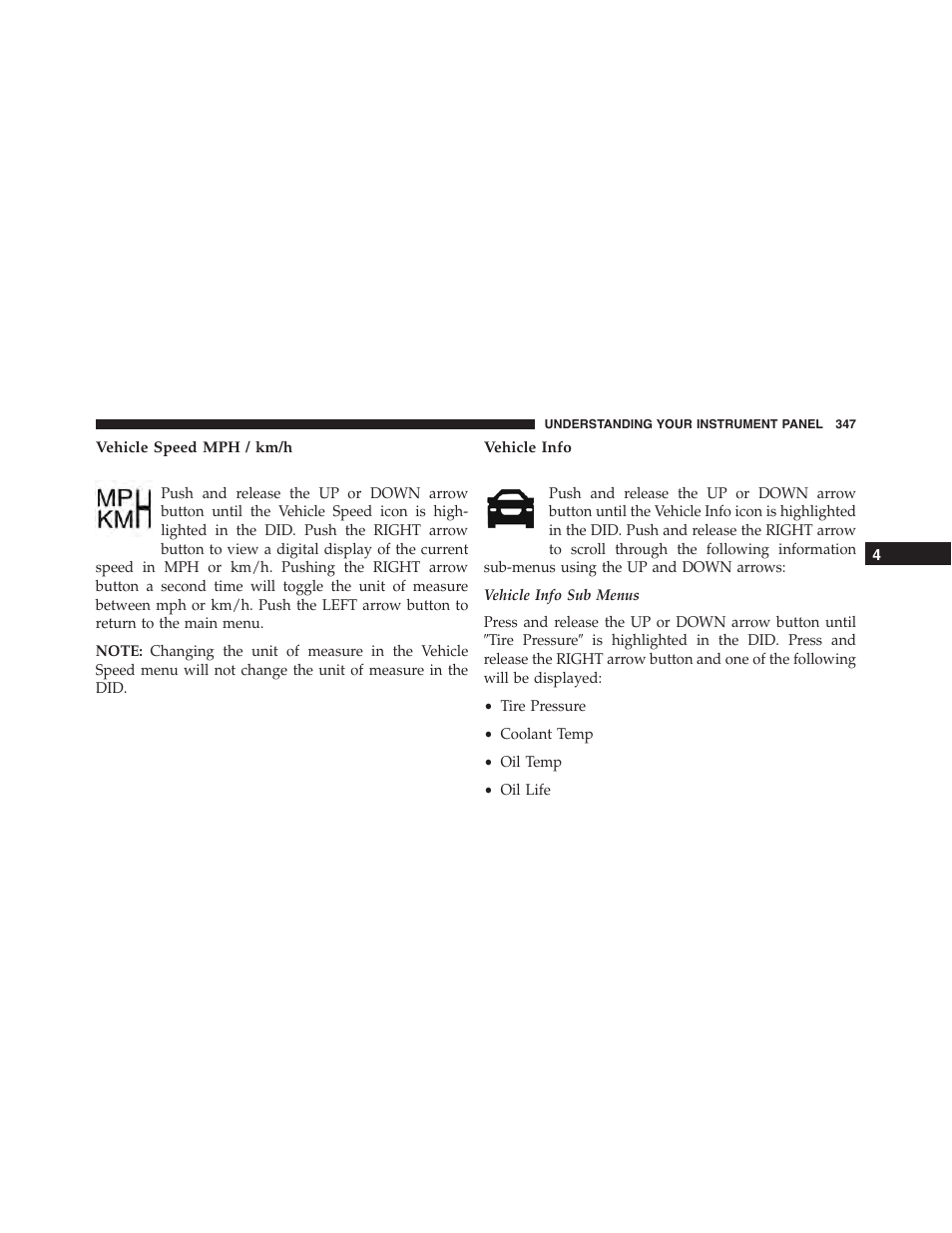 Vehicle speed mph / km/h, Vehicle info | Dodge 2015 Dart - Owner Manual User Manual | Page 349 / 675