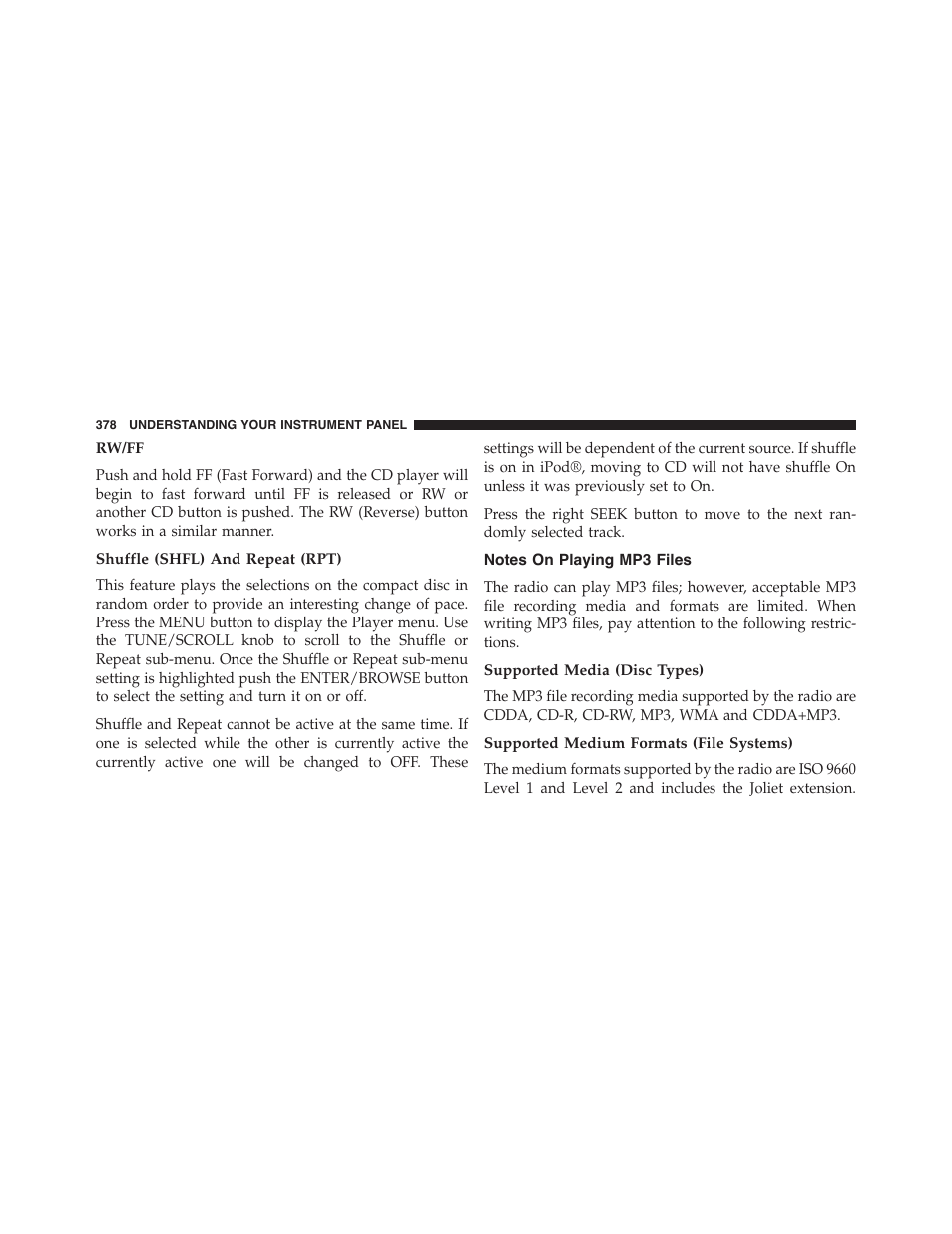 Rw/ff, Shuffle (shfl) and repeat (rpt), Notes on playing mp3 files | Supported media (disc types), Supported medium formats (file systems) | Dodge 2015 Dart - Owner Manual User Manual | Page 380 / 675