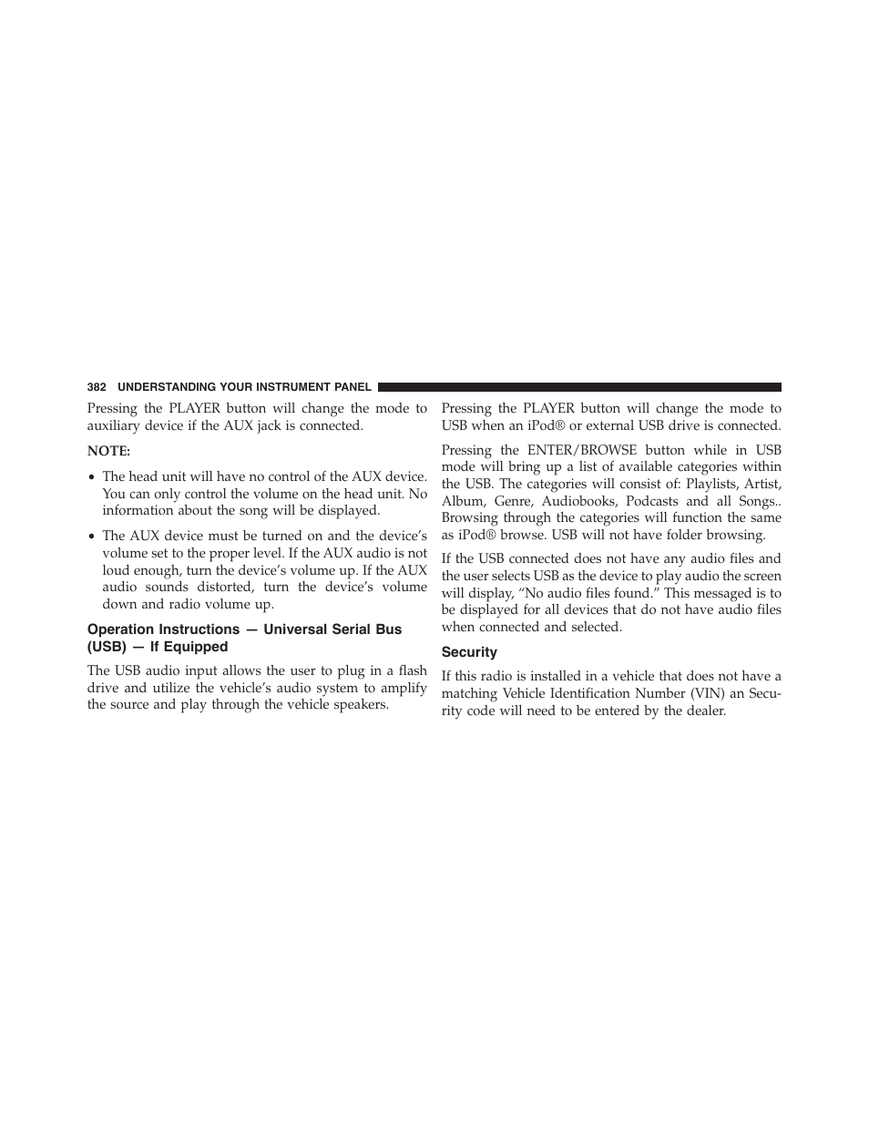 Security, Operation instructions — universal serial bus, Usb) — if equipped | Dodge 2015 Dart - Owner Manual User Manual | Page 384 / 675