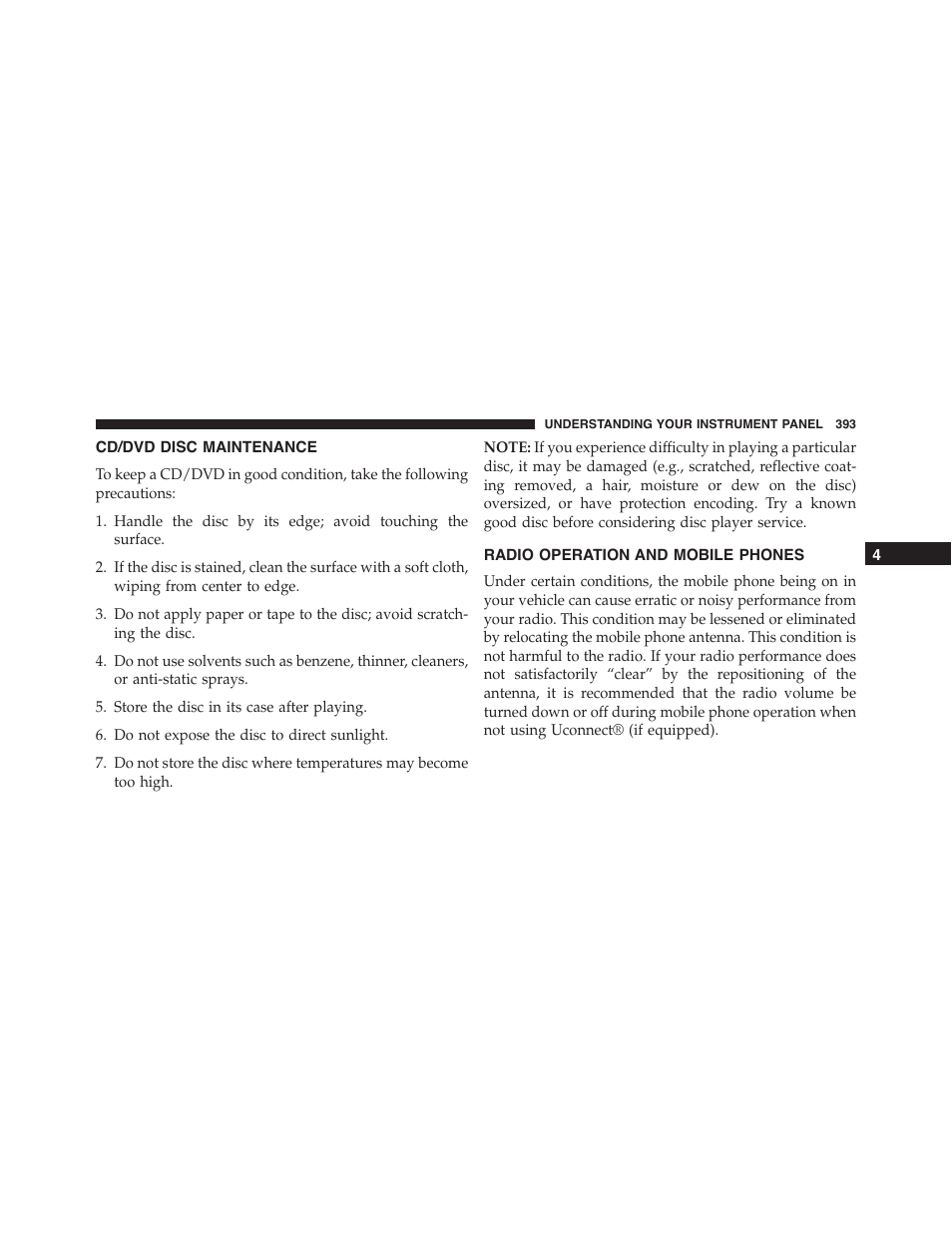 Cd/dvd disc maintenance, Radio operation and mobile phones | Dodge 2015 Dart - Owner Manual User Manual | Page 395 / 675