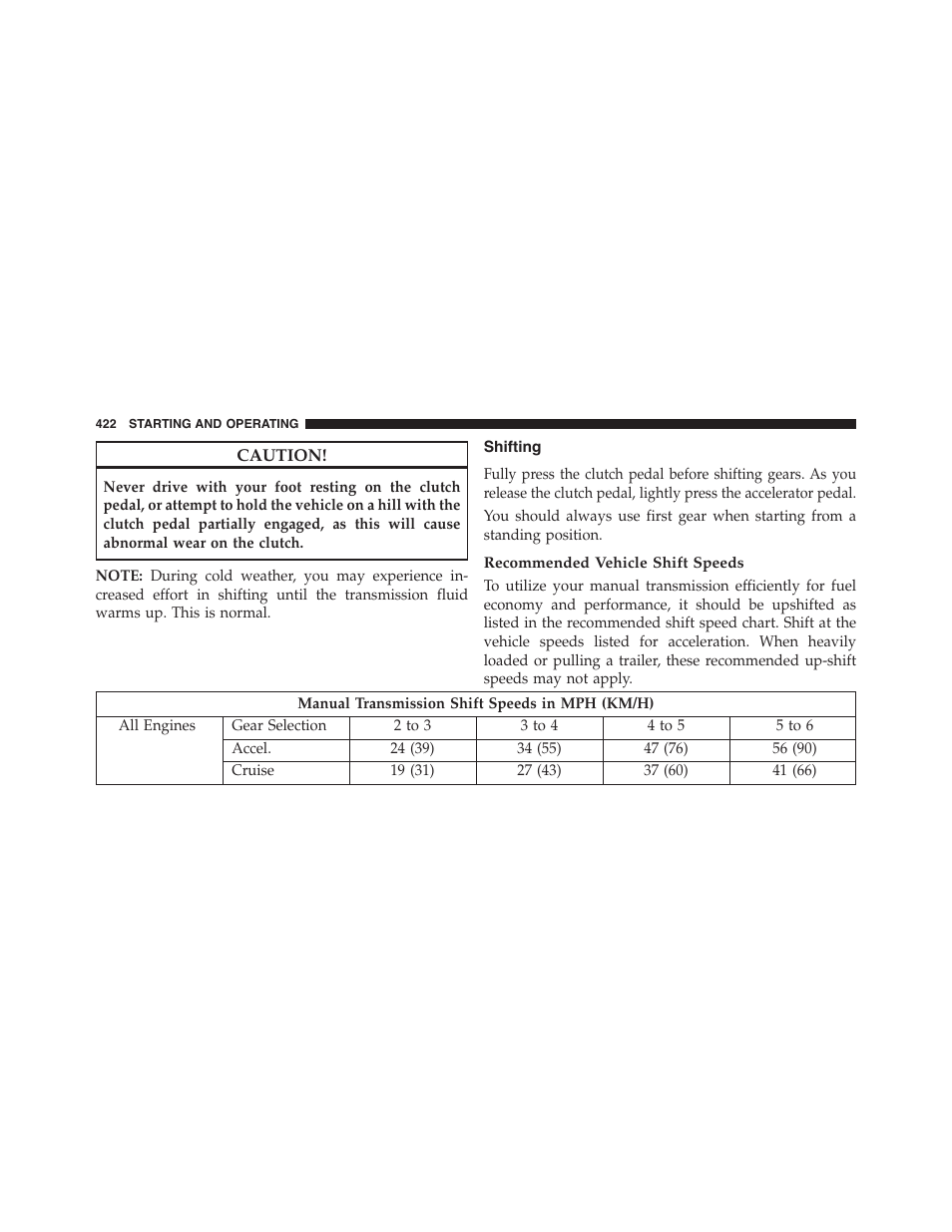 Shifting, Recommended vehicle shift speeds | Dodge 2015 Dart - Owner Manual User Manual | Page 424 / 675