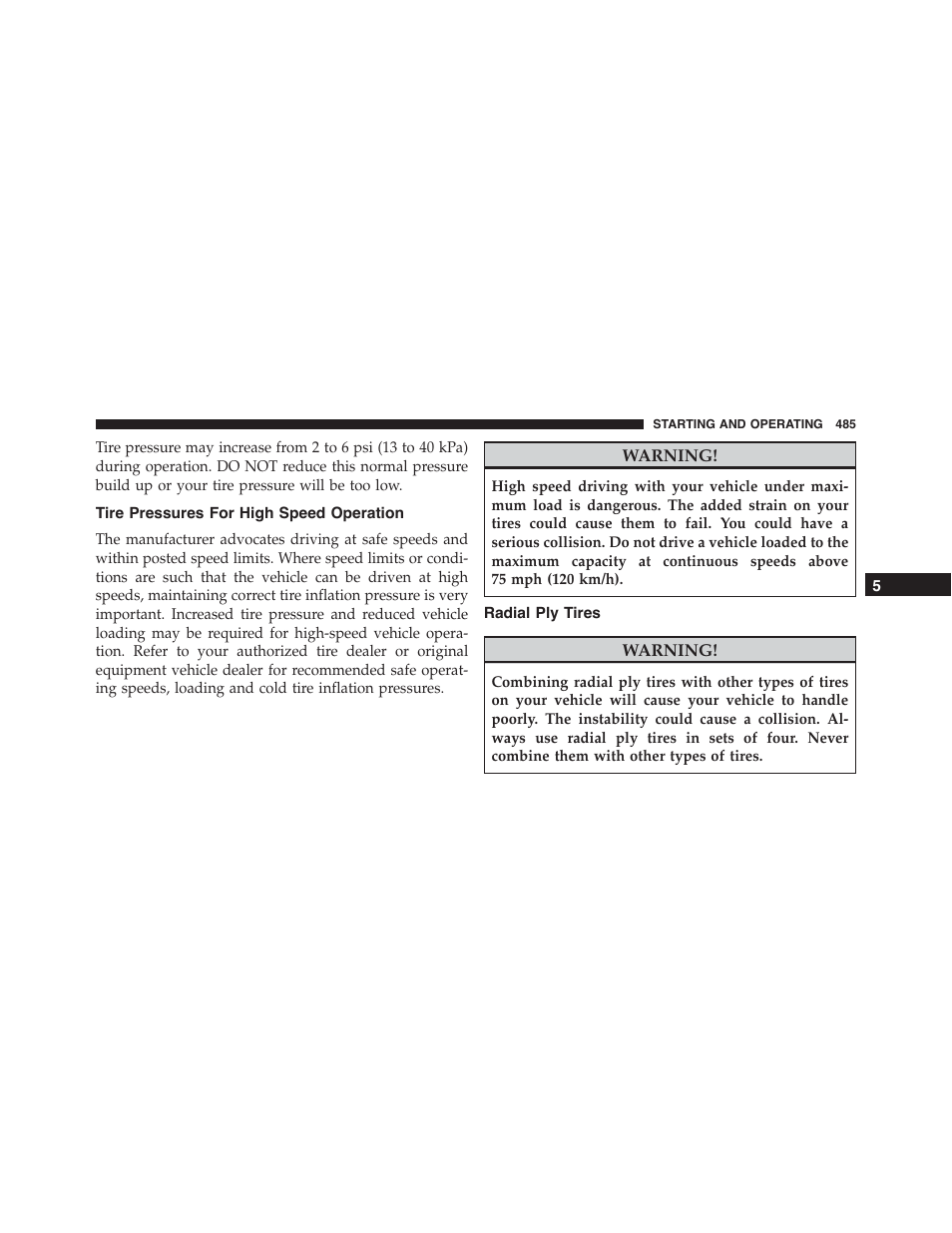 Tire pressures for high speed operation, Radial ply tires | Dodge 2015 Dart - Owner Manual User Manual | Page 487 / 675