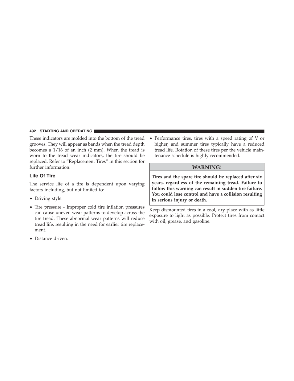Life of tire | Dodge 2015 Dart - Owner Manual User Manual | Page 494 / 675