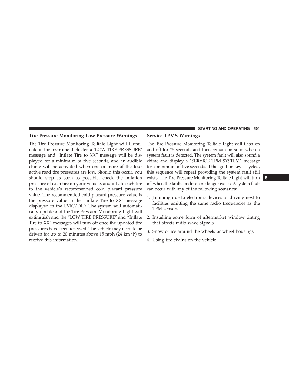 Tire pressure monitoring low pressure warnings, Service tpms warnings | Dodge 2015 Dart - Owner Manual User Manual | Page 503 / 675