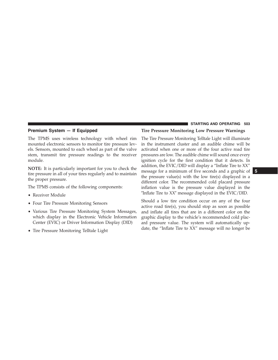 Premium system — if equipped, Tire pressure monitoring low pressure warnings | Dodge 2015 Dart - Owner Manual User Manual | Page 505 / 675