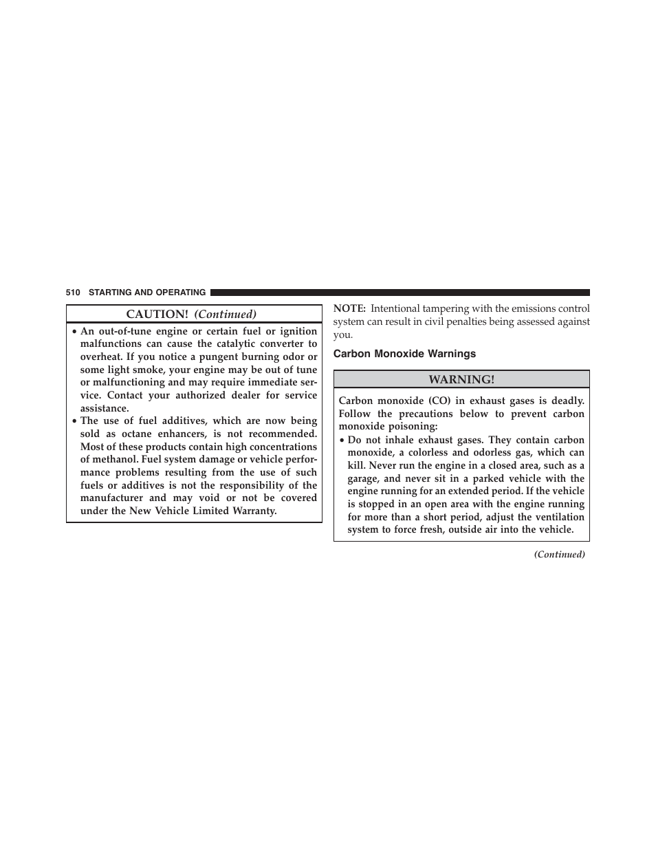 Carbon monoxide warnings | Dodge 2015 Dart - Owner Manual User Manual | Page 512 / 675