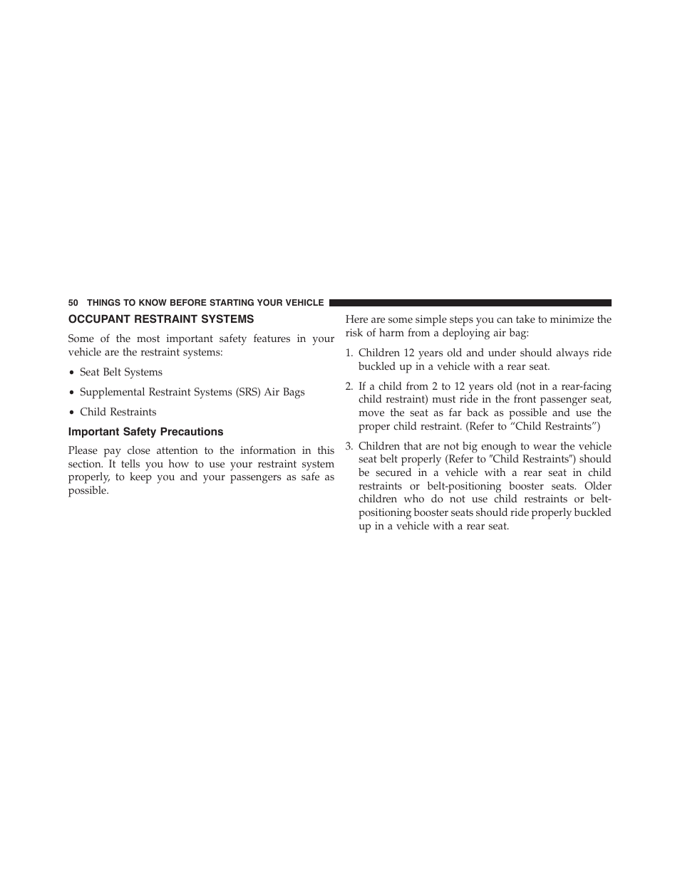 Occupant restraint systems, Important safety precautions | Dodge 2015 Dart - Owner Manual User Manual | Page 52 / 675