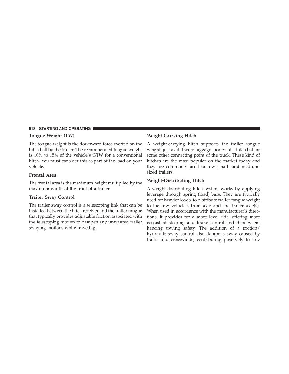 Tongue weight (tw), Frontal area, Trailer sway control | Weight-carrying hitch, Weight-distributing hitch | Dodge 2015 Dart - Owner Manual User Manual | Page 520 / 675