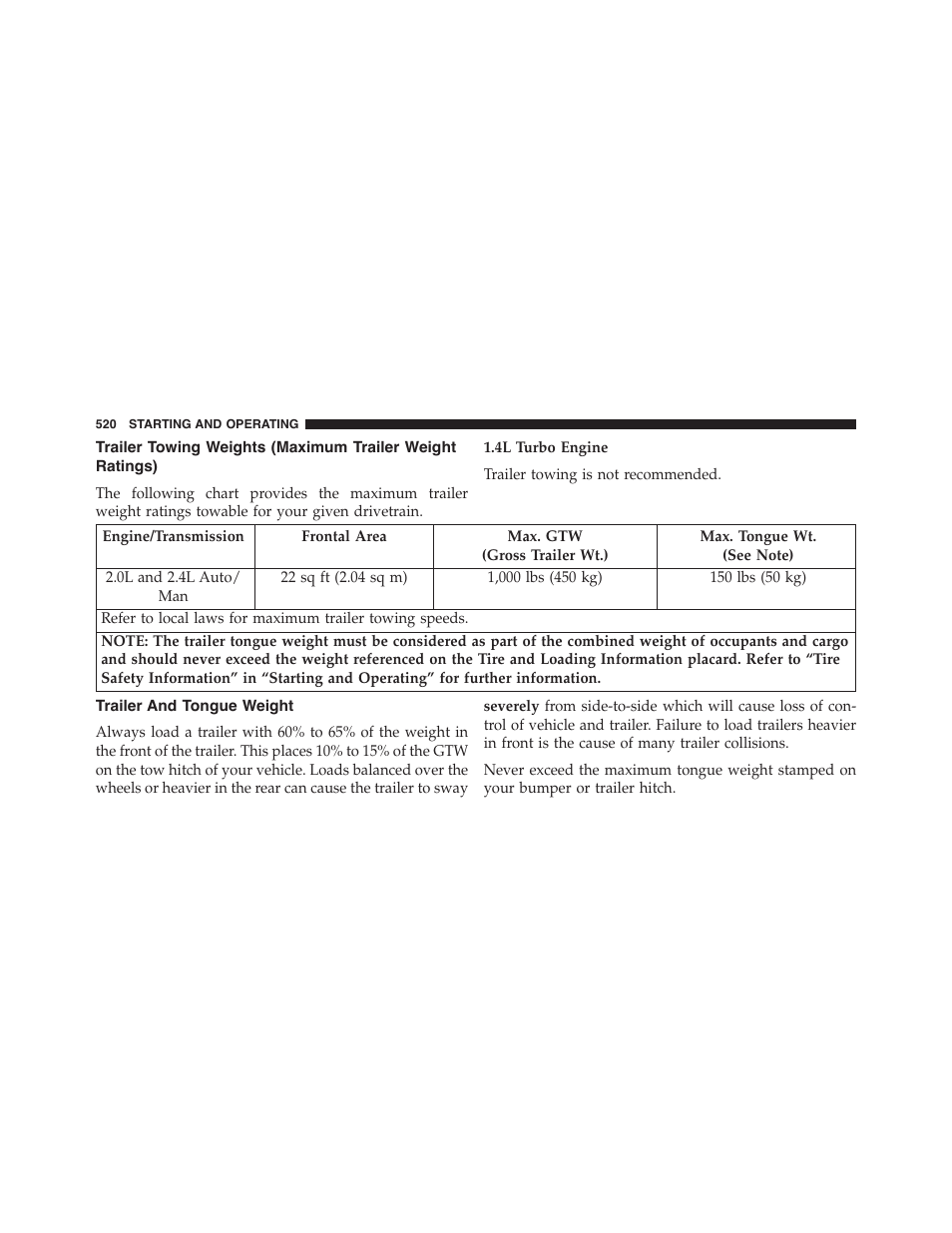 Trailer and tongue weight, Trailer towing weights, Maximum trailer weight ratings) | Dodge 2015 Dart - Owner Manual User Manual | Page 522 / 675