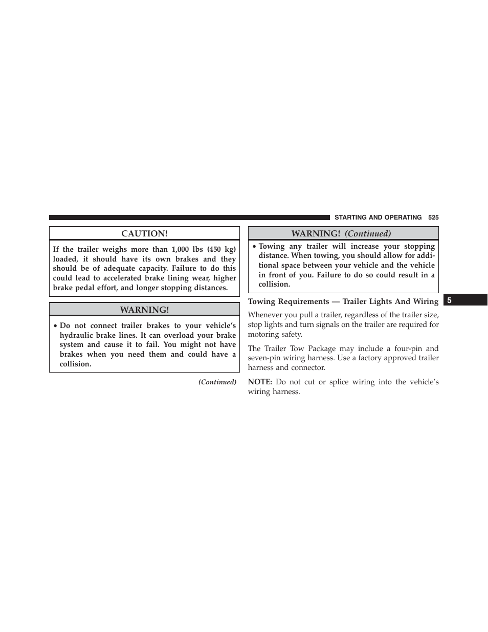 Towing requirements — trailer lights and wiring | Dodge 2015 Dart - Owner Manual User Manual | Page 527 / 675