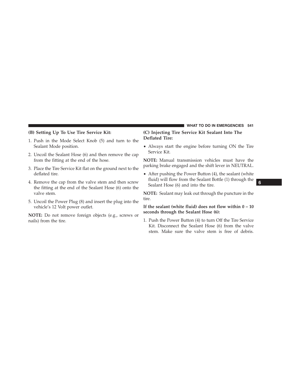 B) setting up to use tire service kit | Dodge 2015 Dart - Owner Manual User Manual | Page 543 / 675