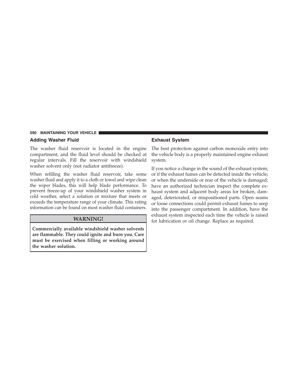 Adding washer fluid, Exhaust system | Dodge 2015 Dart - Owner Manual User Manual | Page 592 / 675