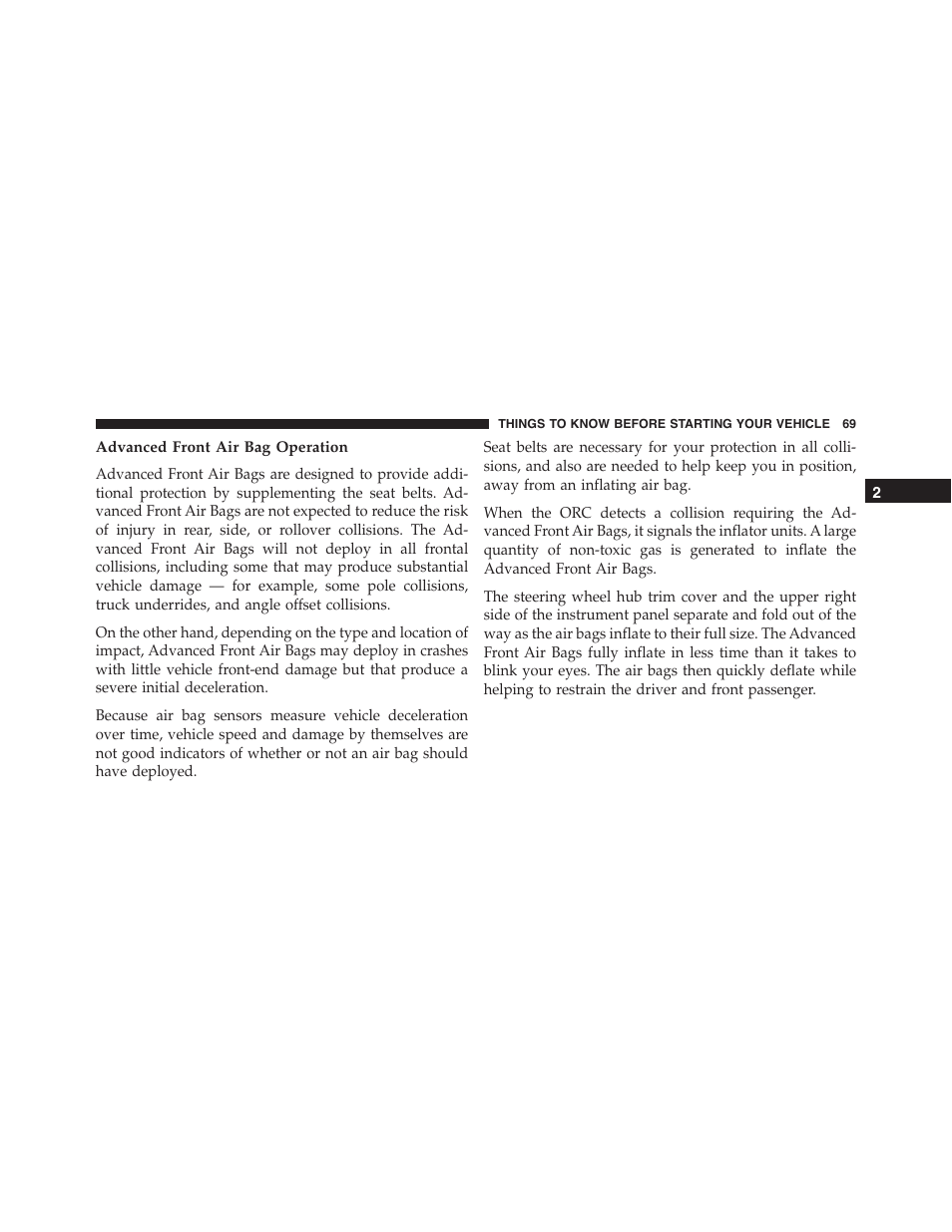 Advanced front air bag operation | Dodge 2015 Dart - Owner Manual User Manual | Page 71 / 675