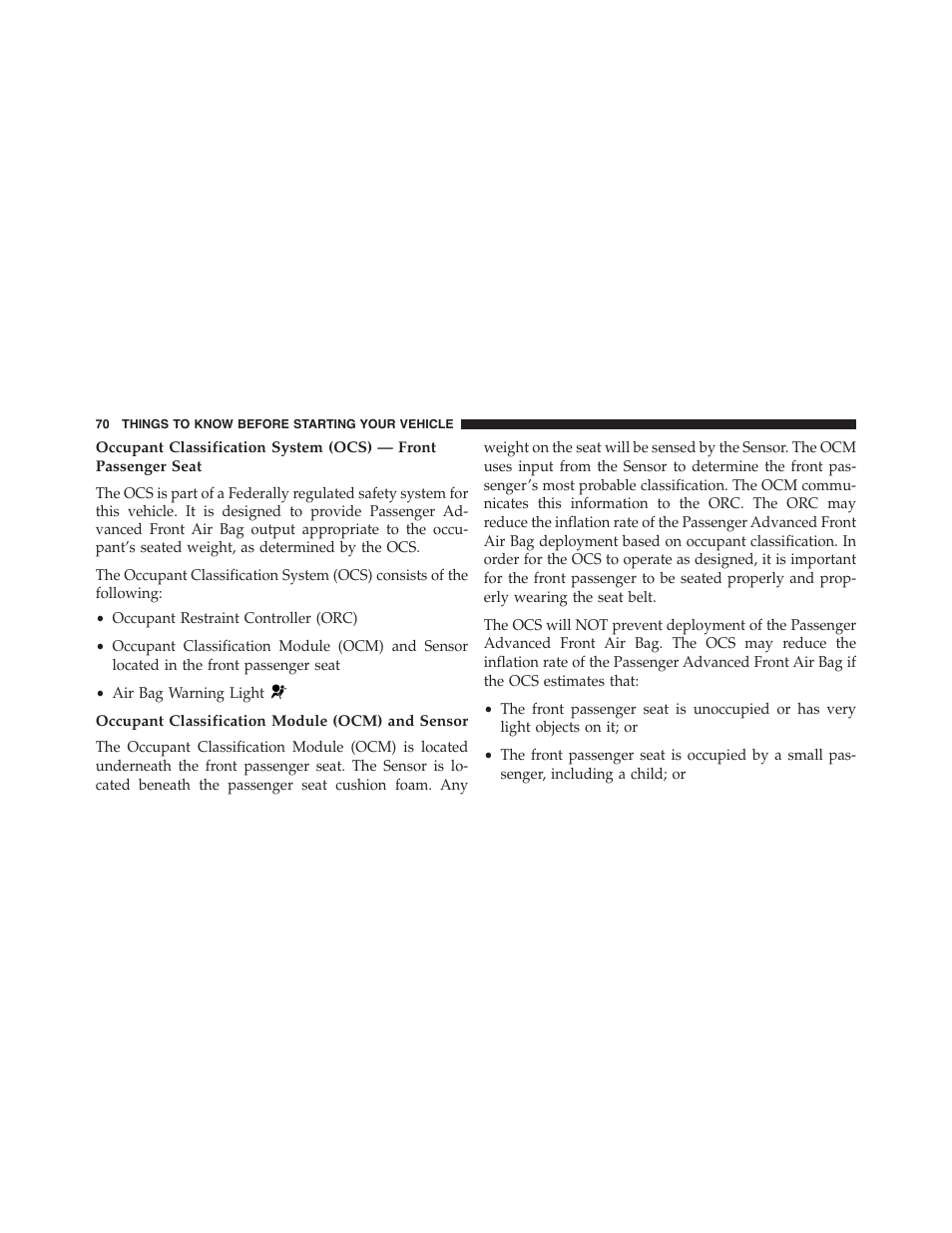 Occupant classification module (ocm) and sensor | Dodge 2015 Dart - Owner Manual User Manual | Page 72 / 675