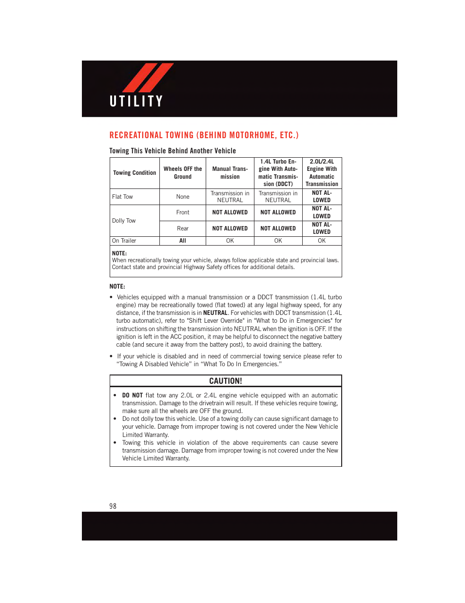 Recreational towing (behind motorhome, etc.), Towing this vehicle behind another vehicle, Recreational towing (behind | Motorhome, etc.), Caution | Dodge 2015 Dart - User Guide User Manual | Page 100 / 164