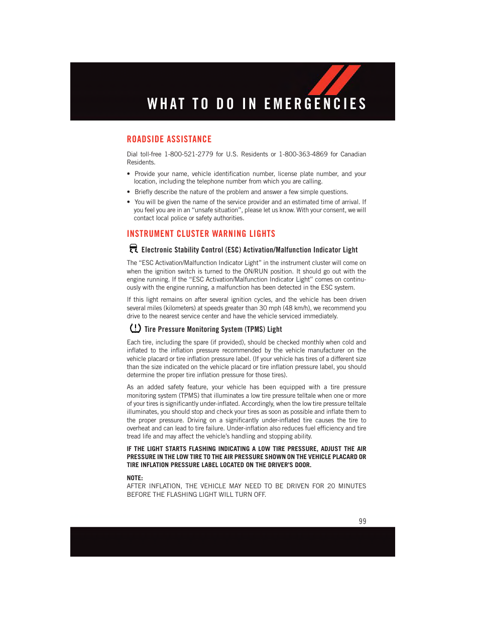 What to do in emergencies, Roadside assistance, Instrument cluster warning lights | Tire pressure monitoring system (tpms) light, Instrument cluster warning, Lights | Dodge 2015 Dart - User Guide User Manual | Page 101 / 164