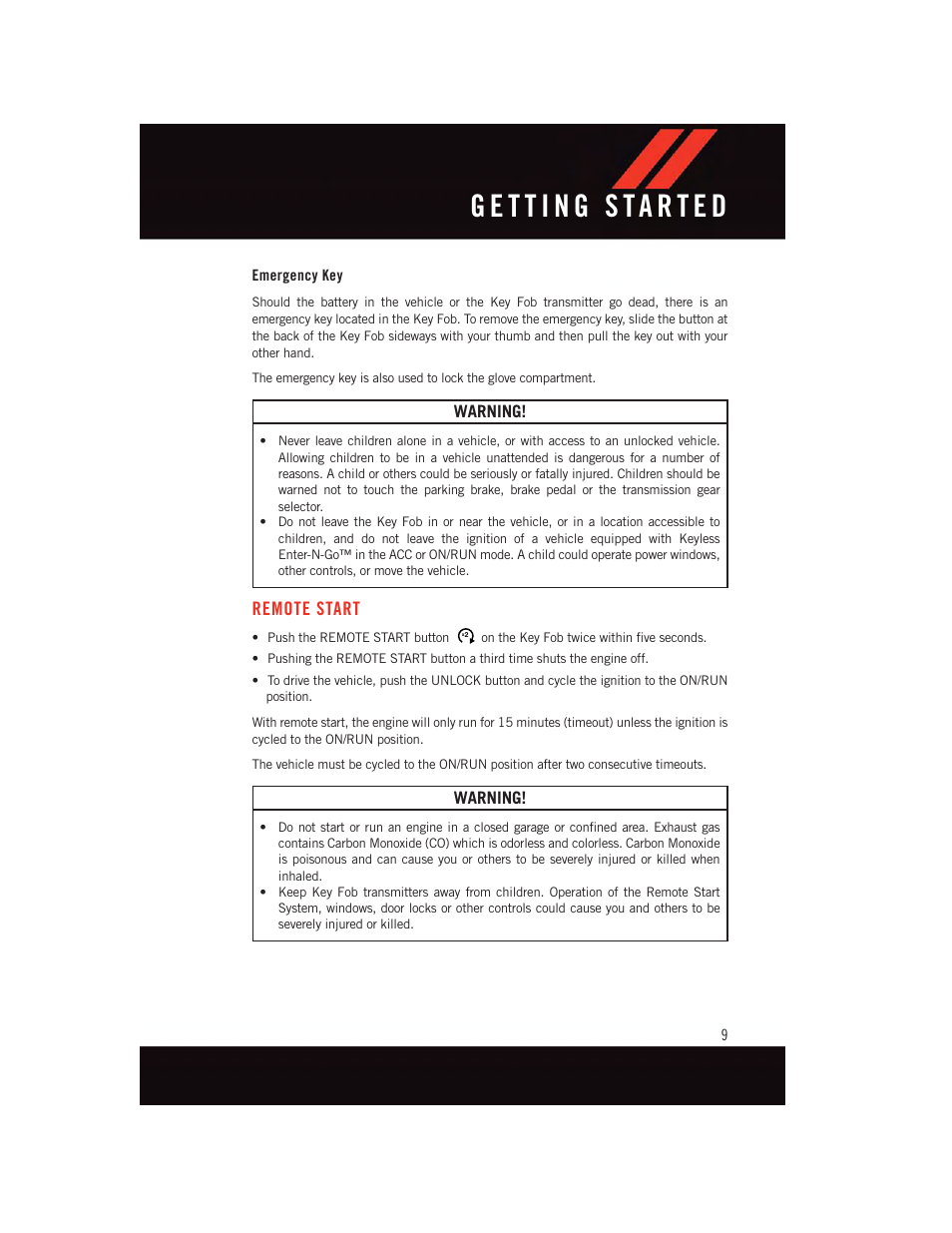 Emergency key, Remote start | Dodge 2015 Dart - User Guide User Manual | Page 11 / 164