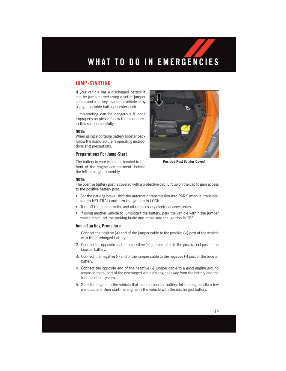 Jump-starting, Preparations for jump-start, Jump-starting procedure | Dodge 2015 Dart - User Guide User Manual | Page 121 / 164