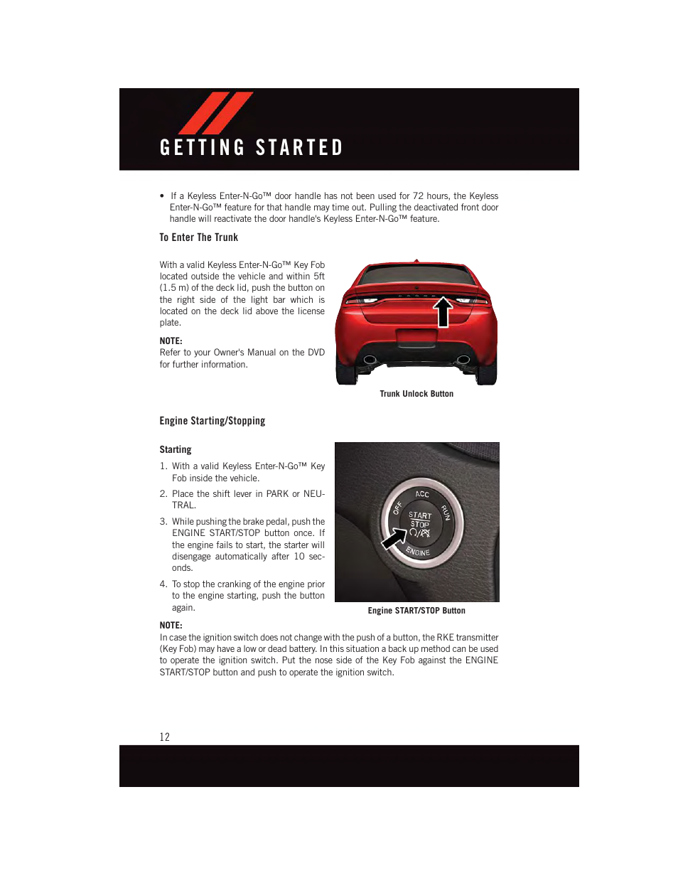 To enter the trunk, Engine starting/stopping | Dodge 2015 Dart - User Guide User Manual | Page 14 / 164